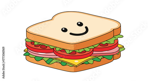 A whimsical cartoon sandwich smiles cheerfully, filled with lettuce, tomato, ham, and cheese layers on toasted bread.