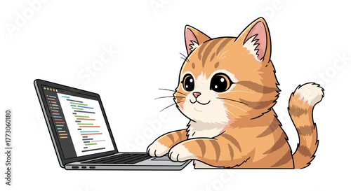 Adorable tabby cat is seen diligently coding on a laptop, eyes wide and focused, paws gently touching the keyboard. 