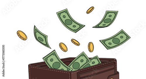 The image shows money falling into and around a brown leather wallet against a stark transparent background, a cartoon style.