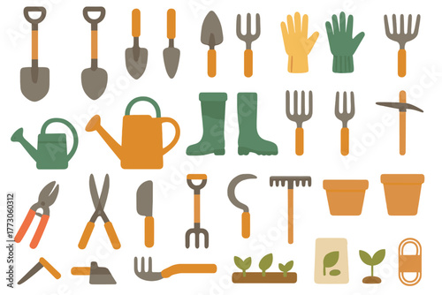 Collection of garden tools and equipment displayed on a white background for planting and cultivation tasks