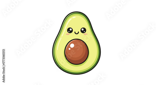 A cheerful avocado smiles with wide eyes, radiating a sense of well-being in a minimalist transparent background.