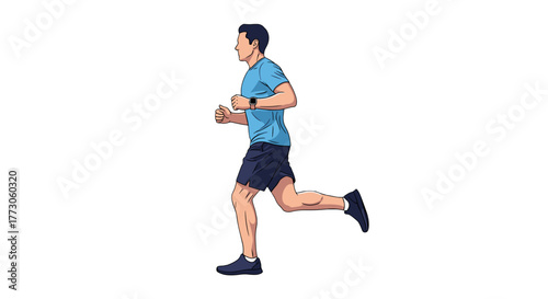 Illustration of a fit man running wearing a smartwatch, short pants, a blue t-shirt, and blue running shoes.