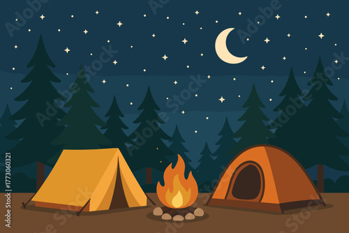 Camping under the stars with tents and a warm campfire at night in a serene forest setting