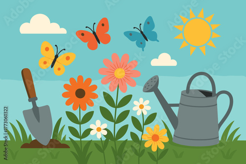 Vibrant garden scene with flowers, butterflies, and gardening tools on a sunny day