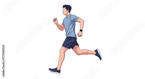 An athletic man in sportswear is running at a moderate pace to keep his body fit. Cardio to stay healthy.