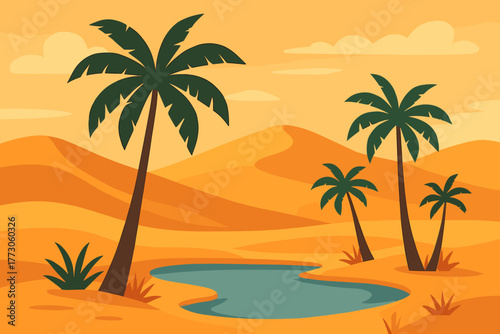 Desert oasis with palm trees and a winding river at sunset