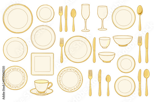 Elegant tableware set featuring a variety of plates, bowls, and utensils in a simple yet classy design