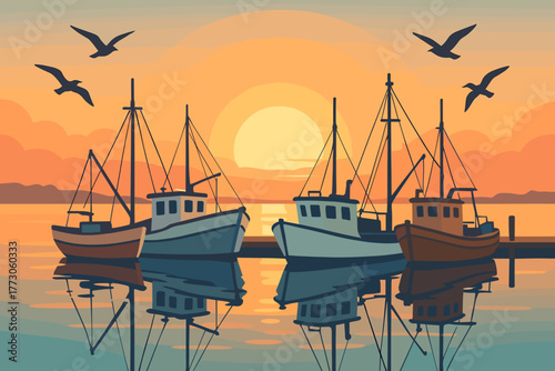 Sunset over calm waters with fishing boats and seagulls in serene harbor setting
