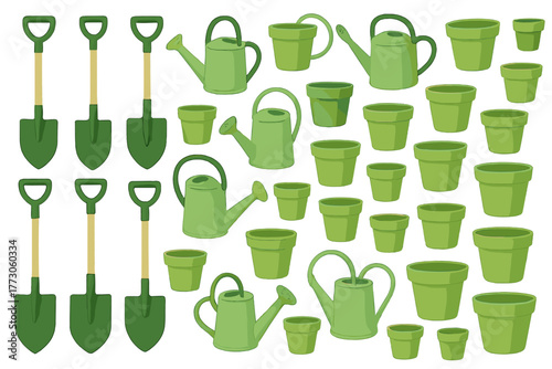 Set of gardening tools and pots displayed in various shades of green for planting and cultivating plants indoors or outdoors