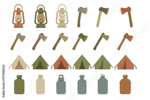 Various camping tools including lanterns, axes, tents, and water bottles for outdoor adventures and nature exploration