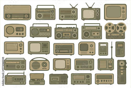 Collection of vintage audio and visual equipment showcasing classic radios and televisions from various decades