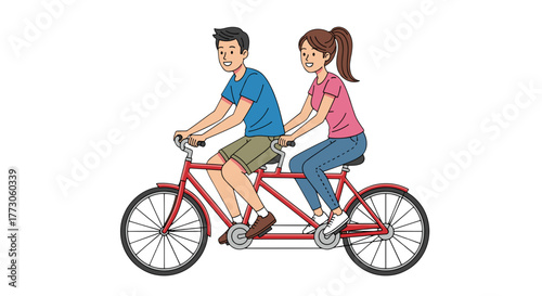 A couple riding on a red tandem bicycle together, smiling and enjoying their shared activity. Fun adventure on two wheels.