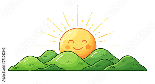 A cheerful cartoon sun rises above rolling green hills, casting a warm glow, symbolizing new beginnings and positive energy.