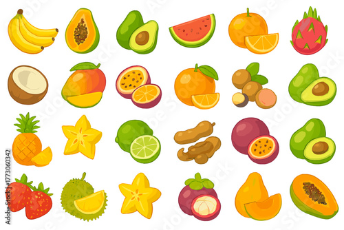 Tropical fruit icon set – colorful hand-drawn exotic fruit illustrations