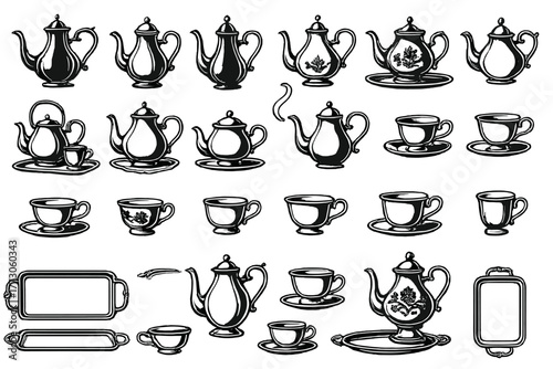 Vintage tea set icon collection – elegant teapots, teacups, and serving trays in classic monochrome