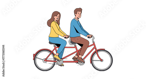 A couple rides a red tandem bicycle, smiling as they work together to propel themselves forward with ease and joy.
