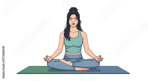 A woman with a bun sits in the lotus position on her yoga mat with her eyes closed, meditating to relieve stress.