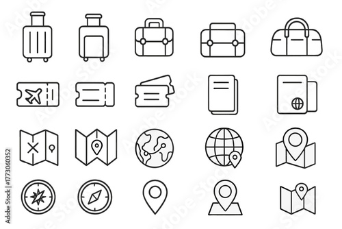 Travel and navigation icons – luggage, tickets, maps, passports & location pins