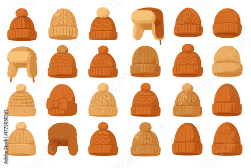 Cozy winter hat icon set – hand-drawn beanies, knit caps, and furry trapper hats