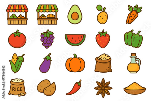 Colorful farmers market food icons – fruits, vegetables, grains & spices illustrations