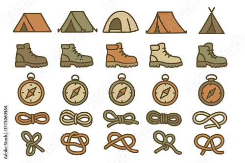Camping and hiking icons – tents, boots, compasses & knots in rustic style