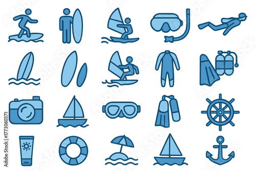 Water sports and beach activity icons – surfing, diving, sailing & beach gear in line art