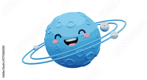 A cartoon-style celestial body with a vibrant blue hue, showcasing a happy facial expression and encircling ring system.