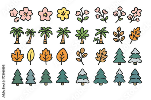 Seasonal tree and leaf icons – floral, tropical, autumn, and winter illustrations