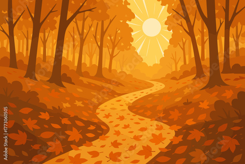 Vibrant autumn scene with winding path and golden sun shining through tree canopy