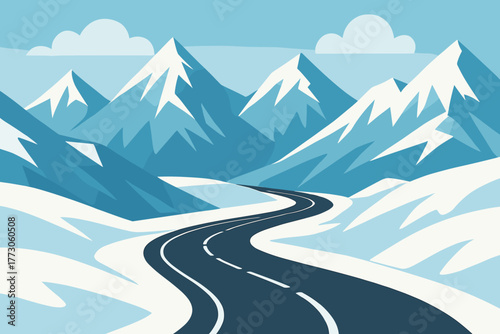 Curved mountain road through snowy alpine landscape