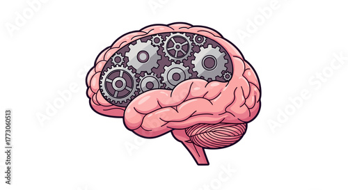 Illustration of a pink brain with visible gray gears inside, symbolizing the mechanics of thought and mental processes.