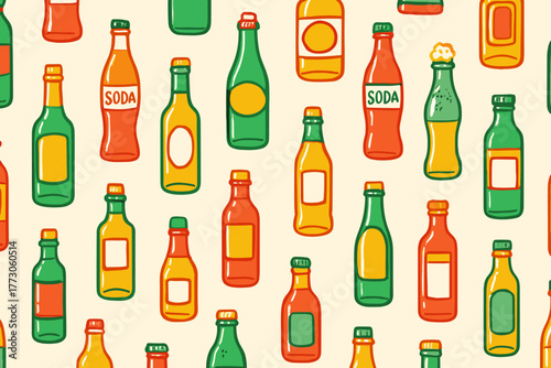 Seamless pattern of colorful soda and drink bottles