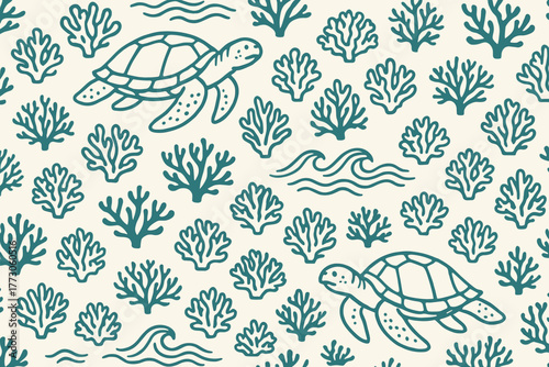 Seamless pattern of sea turtles and coral in line art style