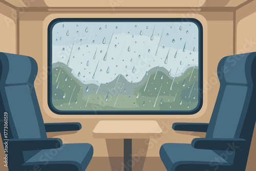 Rainy train window view from empty passenger seats