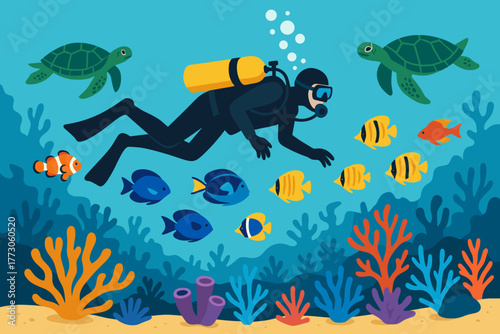 Scuba diver exploring a vibrant underwater scene filled with colorful fish and sea turtles in a coral reef
