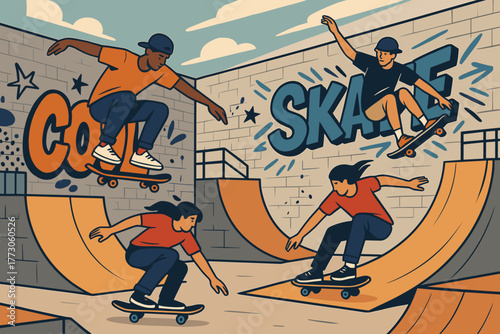 Skateboarders enjoying tricks in a vibrant skate park with colorful art on the walls