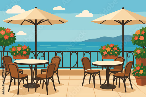Cozy outdoor cafe tables with umbrellas by the serene seaside under a clear blue sky