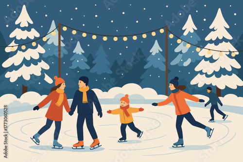 People ice skating outdoors in winter forest scene