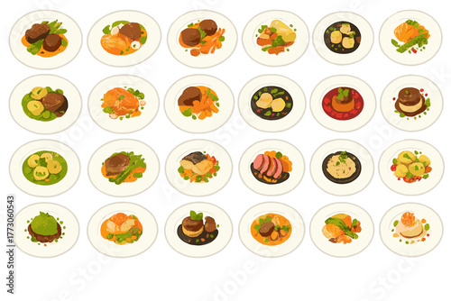 Delicious variety of gourmet dishes displayed on elegant plates in a restaurant setting