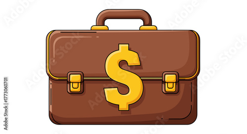 A brown briefcase with golden locks and a golden dollar sign on the front, standing against a transparente background.