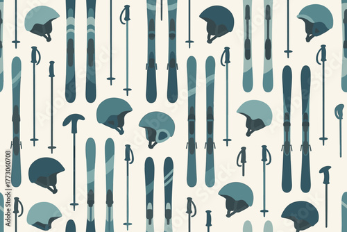 Seamless skiing gear pattern with skis, helmets, and poles in winter tones