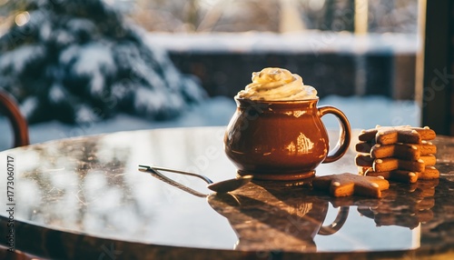 Caramel Coffee with Whipped Cream and Gingerbread Cookies - Winter Light