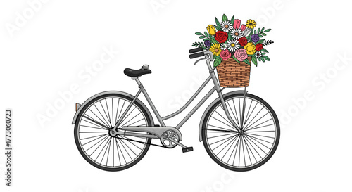 A charming grey bicycle with a wicker basket filled with vibrant, colorful flowers, conveying joy and simple pleasures.