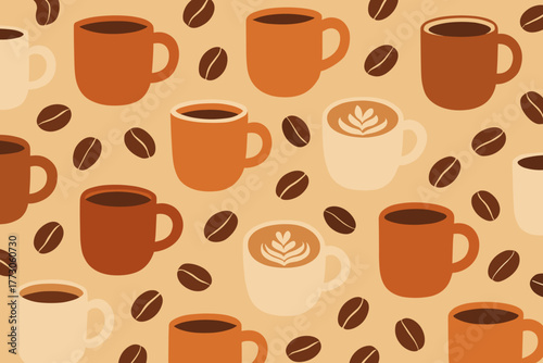 Seamless coffee pattern with mugs and coffee beans