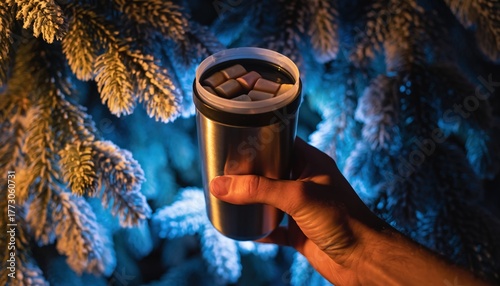 Thermal Mug with Marshmallows - Product Photo with Snowy Fir Branches