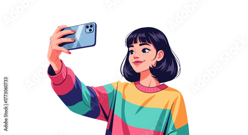 Cartoon girl in a colorful sweater smiling as she takes a selfie with her phone on a black isolated background.