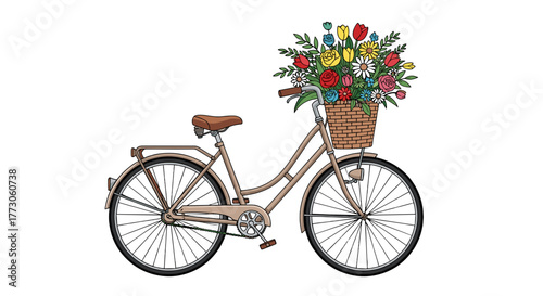 A charming bicycle with a basket filled with vibrant flowers, perfect for a ride in the springtime sunshine.
