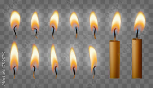 Flame on match, Bday cake glowing candle set. Light memory candle fire, small 3d transparent isolated candlelight. Birthday wedding blow out heat shape. Shining diwali hanukkah decor, church lighter