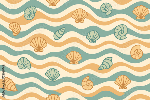 Seamless beach pattern with seashells and wavy stripes