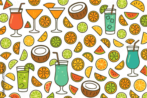 Tropical cocktail and fruit seamless summer pattern